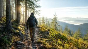 木漏れ日差す山道を背負って歩く登山者の後ろ姿