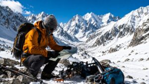雪山の中で装備を確認する登山者