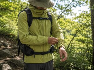 緑の森で袖をまくる登山者