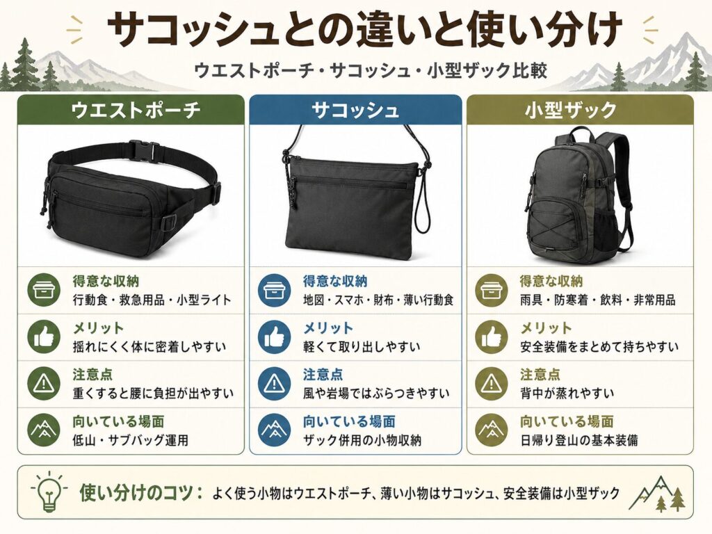 ウエストポーチ、サコッシュ、小型ザック比較画像
