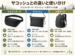 ウエストポーチ、サコッシュ、小型ザック比較画像