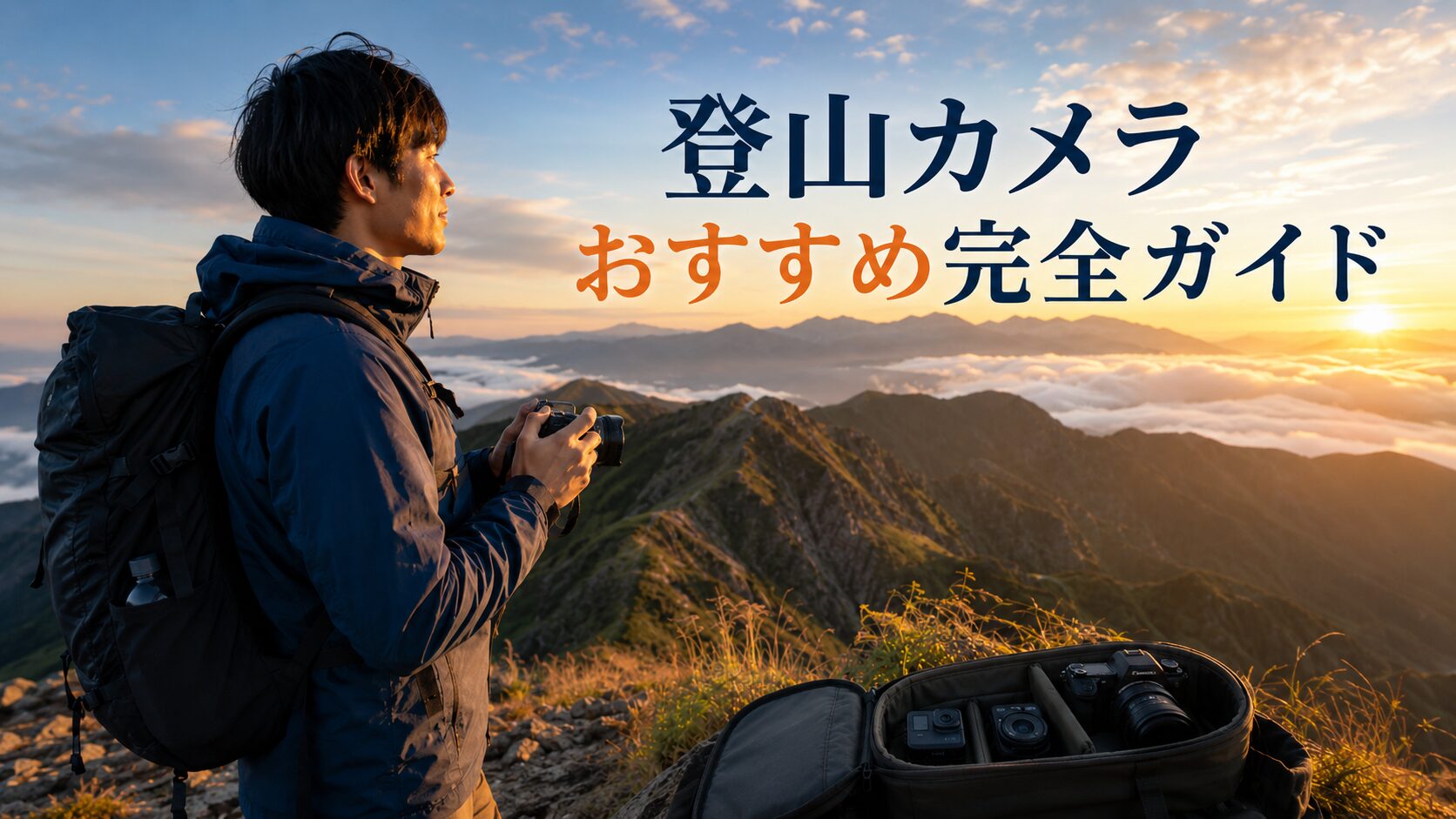 夕焼けの山岳稜線を背景に、カメラを持った日本人風の登山者が立ち、手前に複数のカメラ機材を入れたバッグが置かれた画像。右上に「登山カメラおすすめ完全ガイド」のタイトル入り。