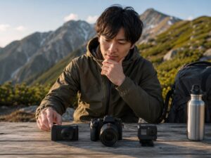 登山者がコンデジ、ミラーレス一眼、アクションカメラを比較している様子