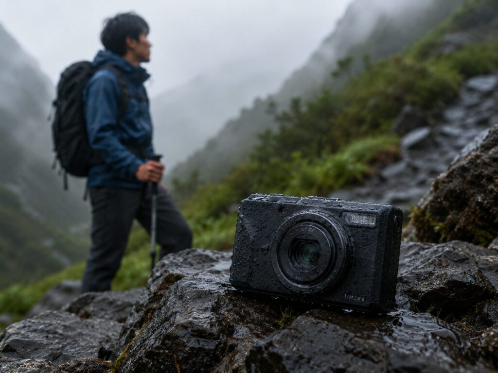 雨に濡れた岩の上に防水コンパクトカメラが置かれ、霧の山道で登山者が立つ防水防塵カメラの使用イメージ