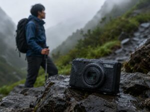 雨に濡れた岩の上に防水コンパクトカメラが置かれ、霧の山道で登山者が立つ防水防塵カメラの使用イメージ