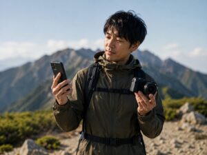 山を背景に、日本人風の登山者がスマートフォンとカメラを両手に持ち、どちらを使うか比較している様子