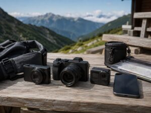 山を背景に木製テーブルの上で、コンデジ、ミラーレス一眼、アクションカメラを見比べながら登山者がカメラ選びを考えている様子