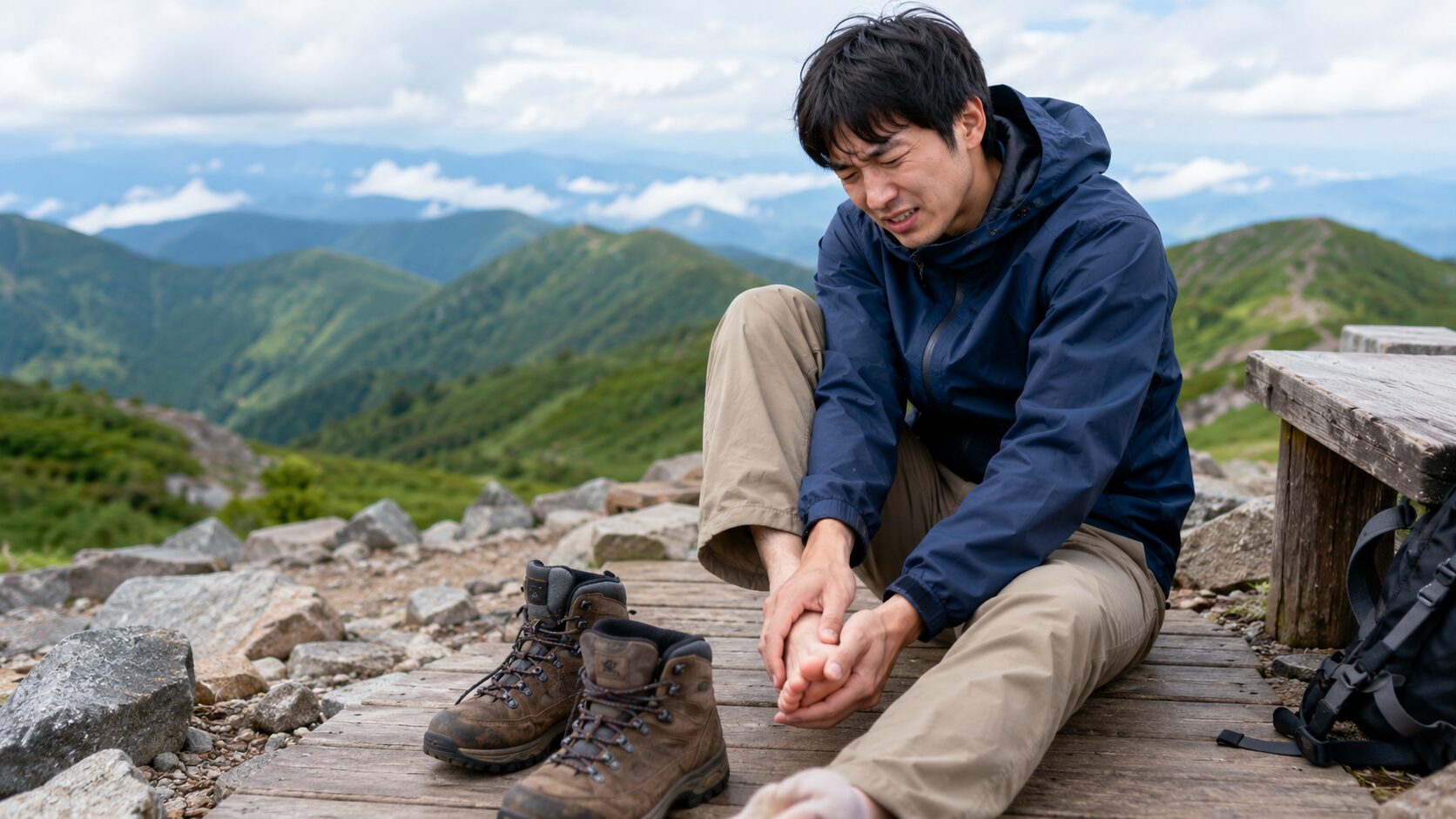 山頂付近の休憩所で登山靴を脱ぎ、足の痛みを確認する男性ハイカー