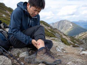 登山道の途中で足首やくるぶし周辺の痛みを確認する男性ハイカー