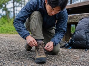 休憩中に登山靴の靴紐を結び直し、甲の締め付けを調整する男性ハイカー