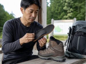 登山靴のインソールを確認し、足裏の痛み対策を考える男性ハイカー