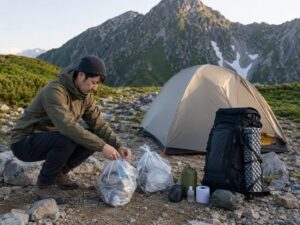 テント場でゴミ袋や携帯用品をまとめ、後片付けをする登山者