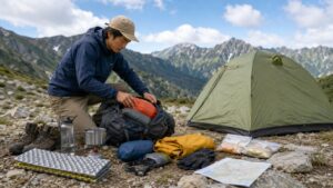 山岳テントのそばでザックに装備を詰める登山者と、並べたテント泊の持ち物