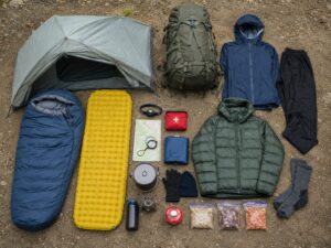 テント、寝袋、マット、レインウェア、地図などを並べたテント泊登山の持ち物一覧