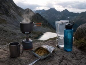 山中でバーナー、クッカー、水ボトル、食料を並べたテント泊の調理装備