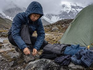 雨の山でレインウェアを着た登山者が、防寒着と装備を確認している様子