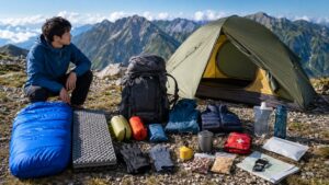 山岳テントの前で、登山者がザック、寝袋、マット、バーナー、地図、防寒着などのテント泊装備を並べて準備している様子。背景には高山の稜線が広がる。