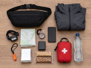 ウエストポーチとヘッドランプ、水など日帰り登山の必携装備を並べた画像