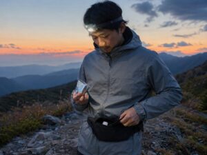 夕暮れの山道でヘッドランプを点け、ウエストポーチから非常用装備を取り出す男性ハイカー