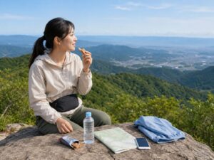 女性ハイカーが山頂の展望場所でウエストポーチを着け、地図や水、行動食を広げて休憩する様子