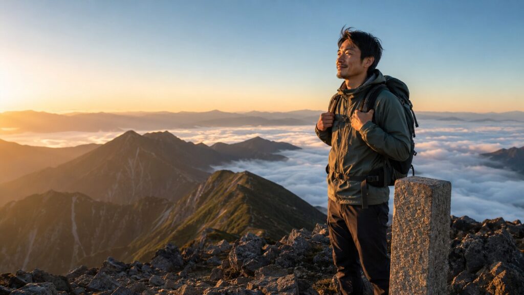 山頂で朝日と雲海を眺める男性ハイカーと登山の達成感