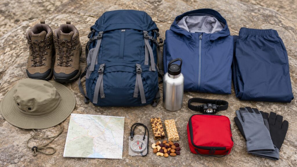 登山靴やザック、レインウェアなど初心者向けの登山装備を並べた持ち物一覧