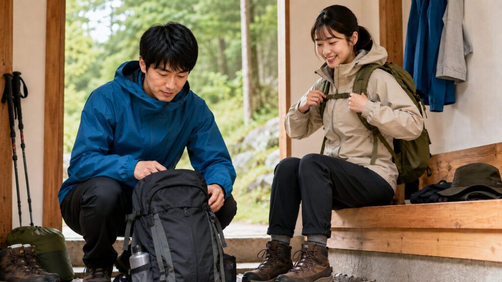 初心者向け登山ブランドを選ぶため、山小屋でザックや雨具を準備する日本人ハイカー
