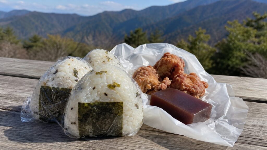 塩むすび、唐揚げ、ようかんを木のベンチに並べた日帰り登山のエネルギー補給弁当
