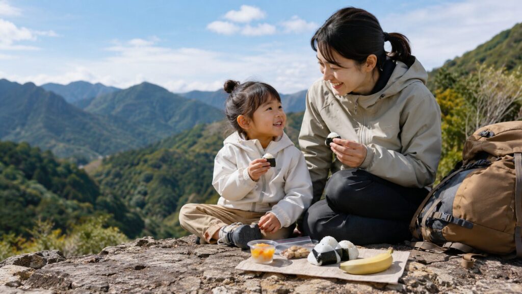 日本人の親子が山で一口おにぎり、バナナ、ゼリーを食べる子連れ登山の昼食風景