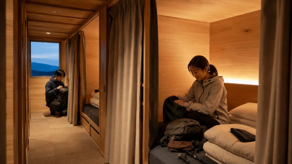 富士山の山小屋で仕切り付き寝床を利用する登山者の室内風景