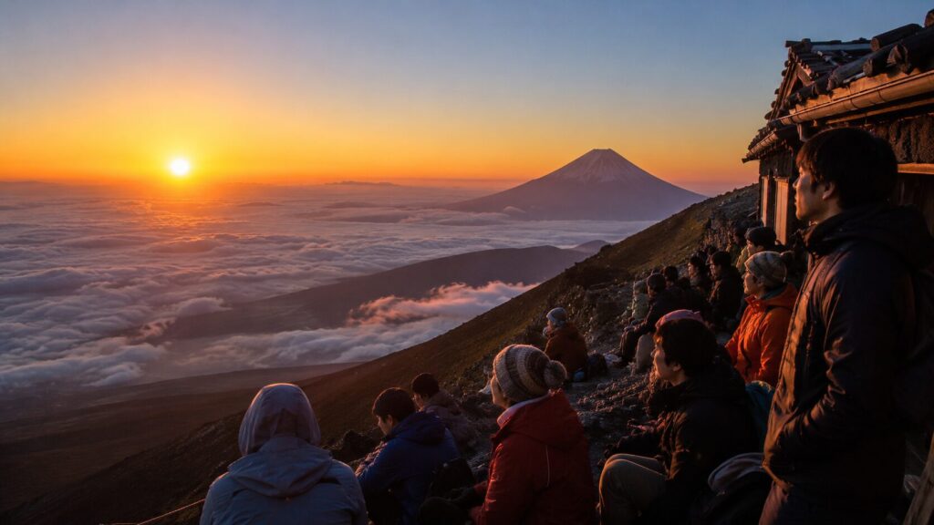 富士山の山小屋付近で登山者が雲海とご来光を眺める風景