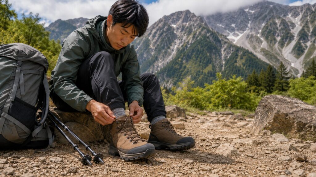 登山靴のフィット感を確認するため、山道で靴紐を結ぶ日本人ハイカー