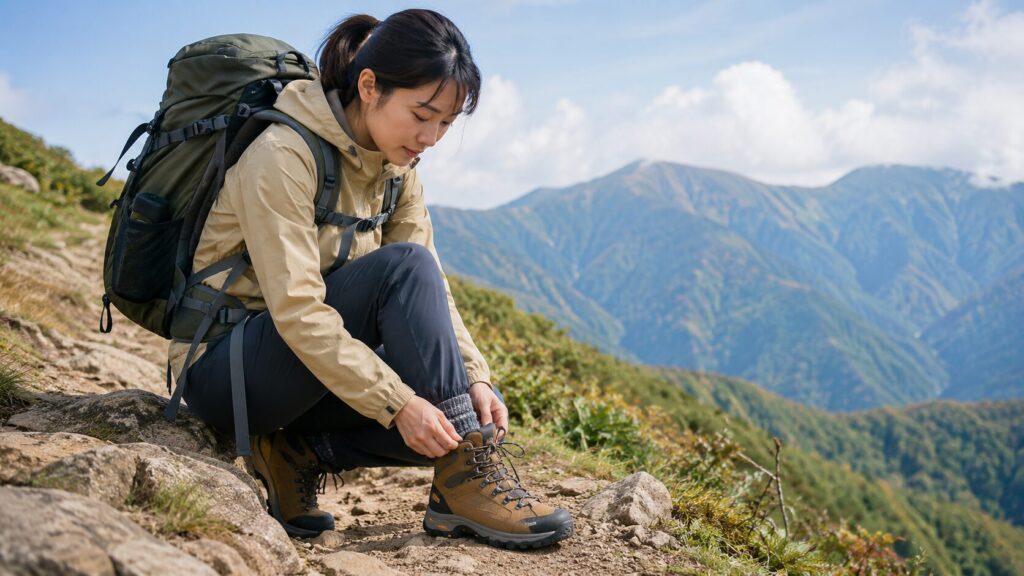 日本人女性ハイカーが山道で登山靴のひもを調整する登山靴選びのイメージ