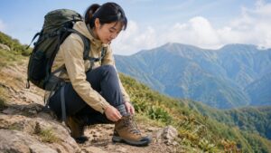 日本人女性ハイカーが山道で登山靴のひもを調整する登山靴選びのイメージ