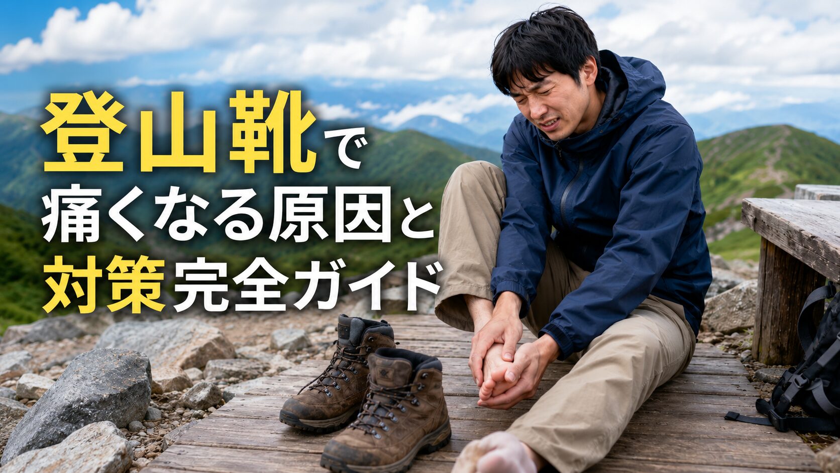 山頂付近の休憩所で登山靴を脱ぎ、足の痛みを確認する男性ハイカー