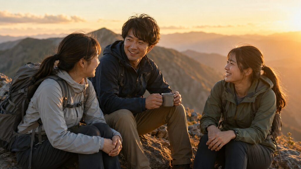 夕暮れの山頂で笑顔で休憩する登山仲間と共感や協調
