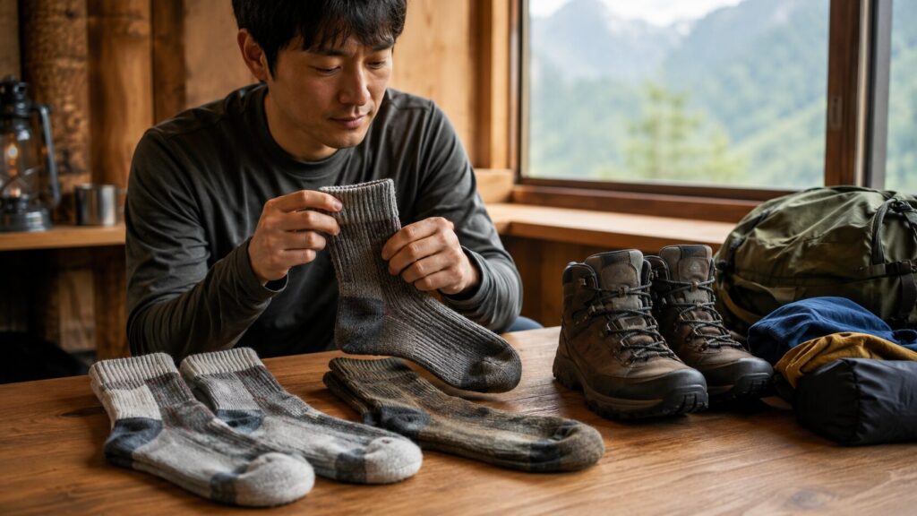 山小屋で登山靴下の傷みを確認し手入れする日本人男性ハイカー