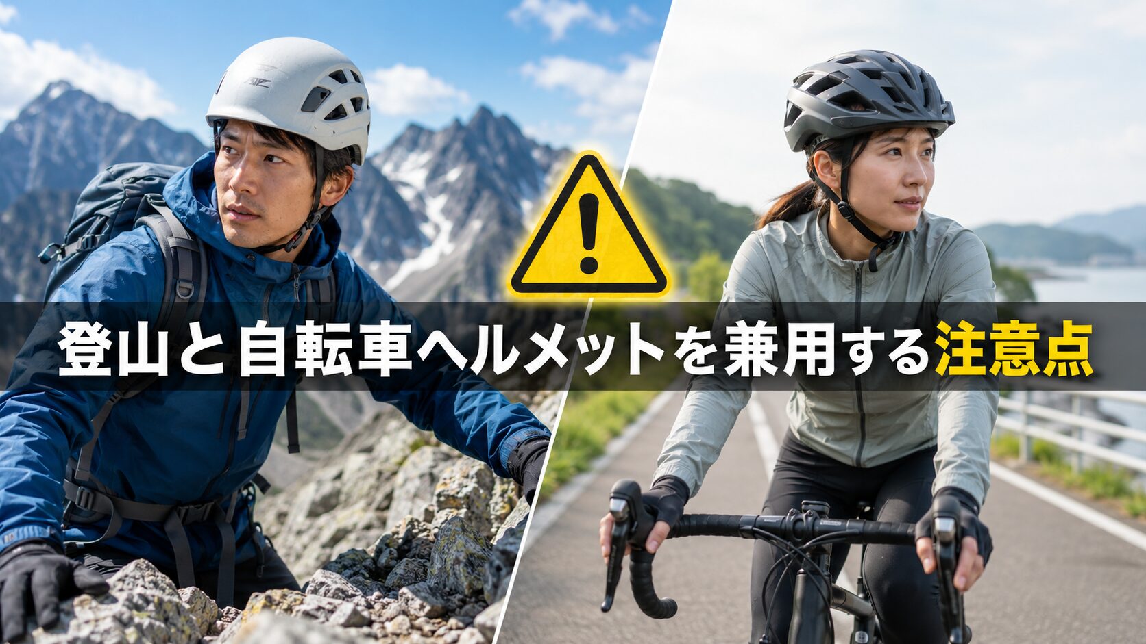 ヘルメットをかぶった登山者と、サイクリスト。中央に警告マーク