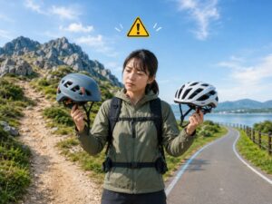 登山道と自転車道の分岐点でヘルメットを見比べる男性