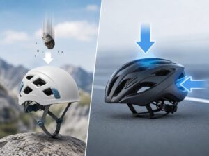 落石を想定した場合と多方向の衝撃を想定したヘルメットの比較図
