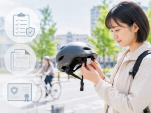 自転車用ヘルメットの安全認証タグや保険条件を確認する女性