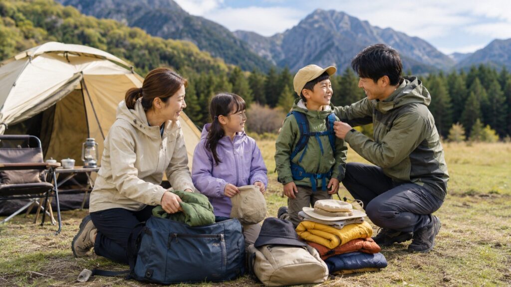 キャンプ場で登山準備をする家族とモンベルファミリーカード活用のイメージ