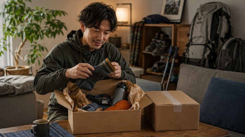 登山小物の配送品を開封して送料無料やポイント還元を確認する男性