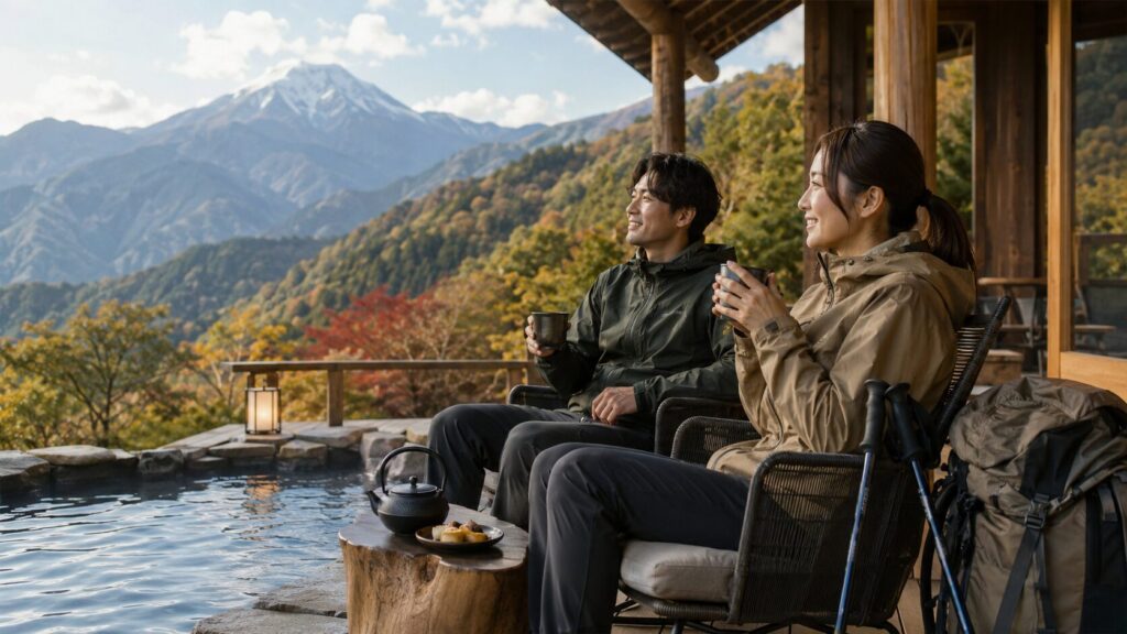 登山後に山岳宿の温泉でくつろぐ夫婦とフレンドショップ優待のイメージ