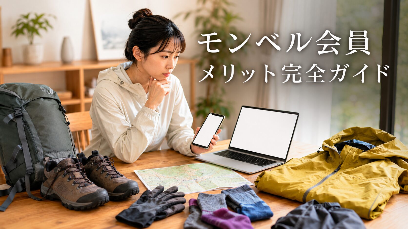 モンベル会員メリットを調べながら登山用品と会員特典を比較する女性