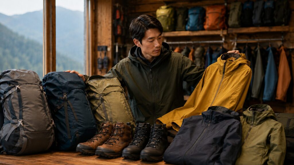 登山ブランドの格付けを比較するため、ザックや登山靴、ジャケットを確認する日本人登山者