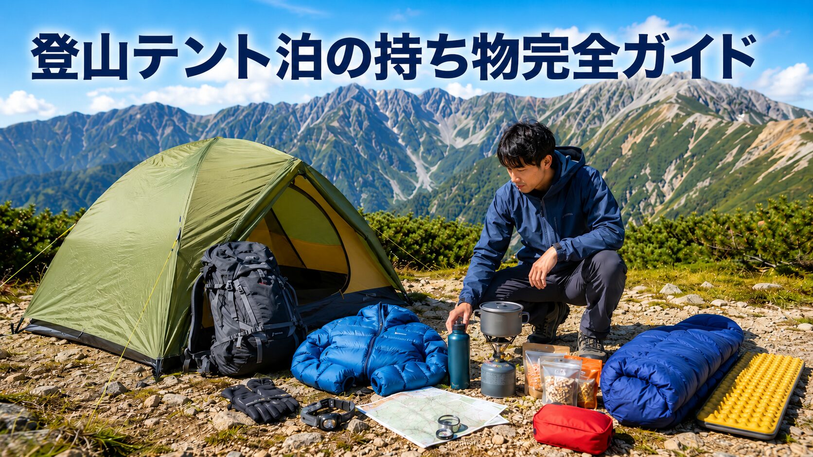 北アルプスのような山並みを背景に、山岳テントの横で登山者がザック、寝袋、マット、バーナー、地図、防寒着などのテント泊装備を並べて準備している様子