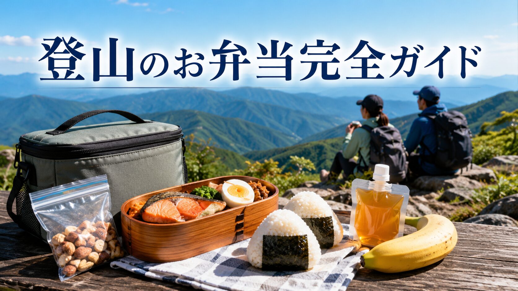 山の景色を背景に、おにぎりや弁当、ナッツ、バナナ、保冷バッグを並べた登山のお弁当完全ガイドのアイキャッチ画像
