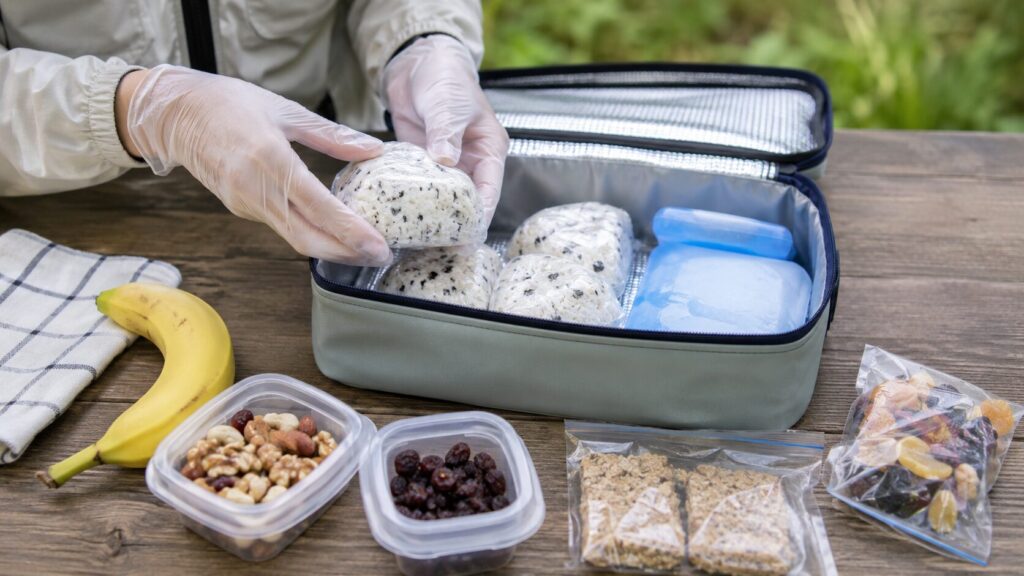 ラップで包んだおにぎりを保冷バッグと保冷剤に入れる登山弁当の衛生的な準備