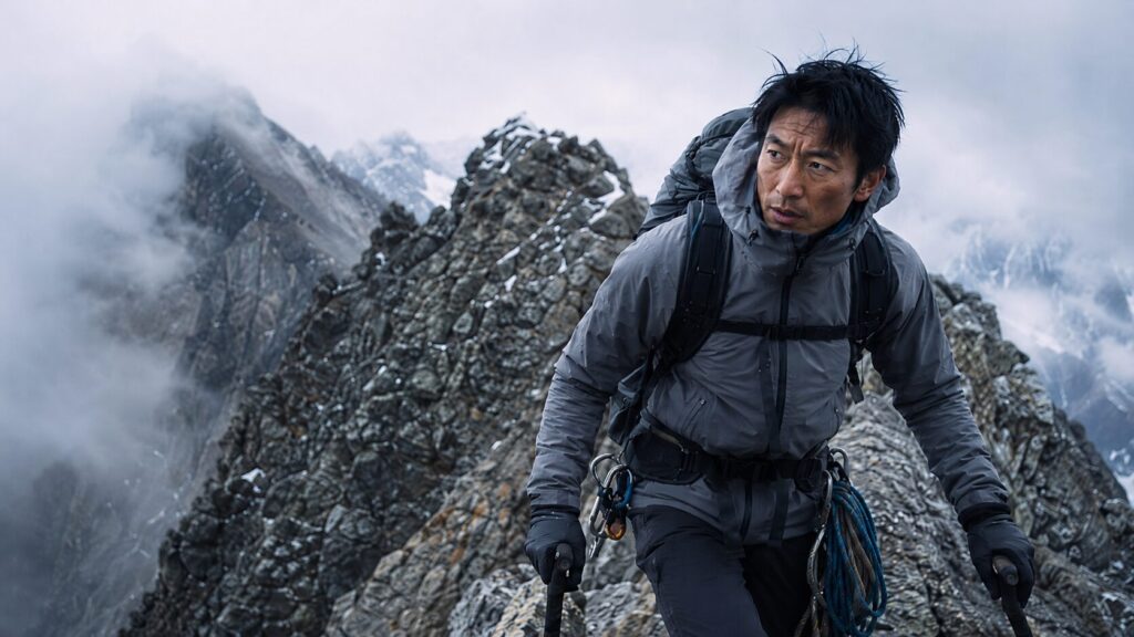 高級登山ブランドのシェルや装備を着用し、険しい岩稜帯を進む日本人登山者